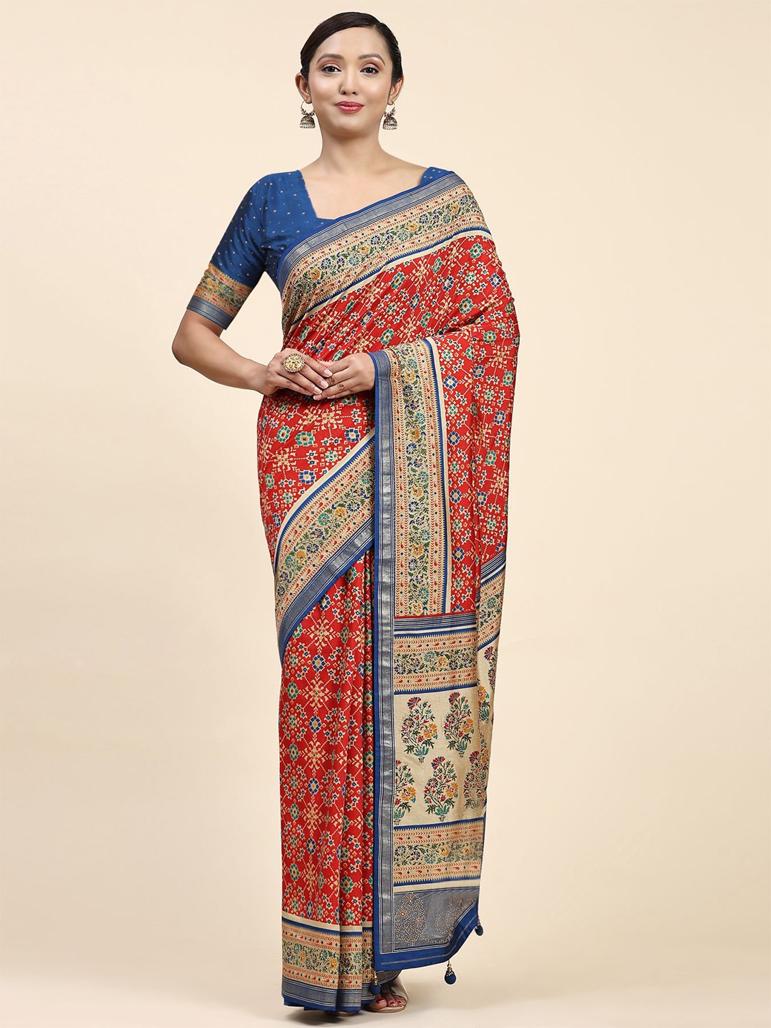 

Phenav Floral Printed Zari Pure Silk Patola Saree, Blue