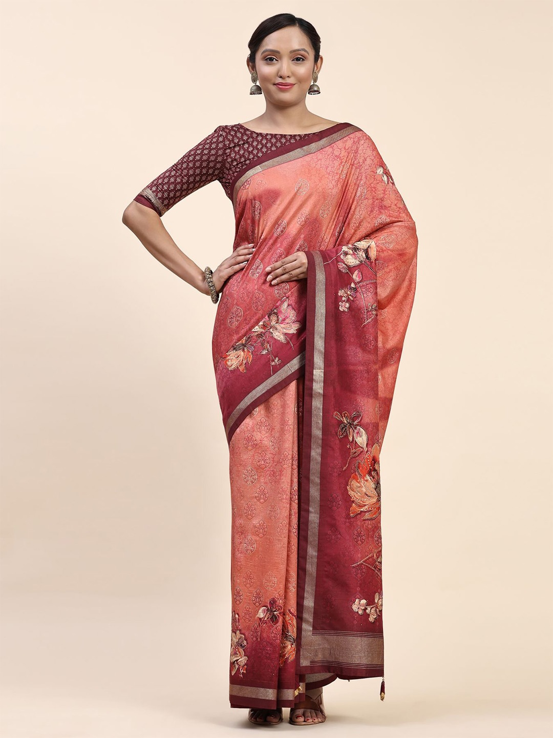 

Phenav Floral Printed Pure Silk Patola Saree, Red