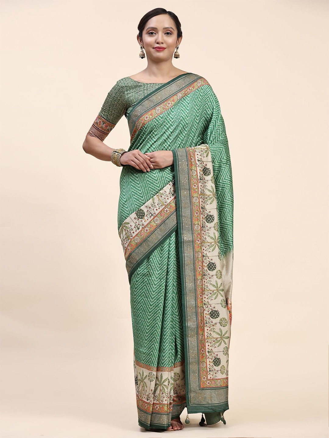 

Phenav Geometric Printed Beads and Stones Pure Silk Patola Saree, Green