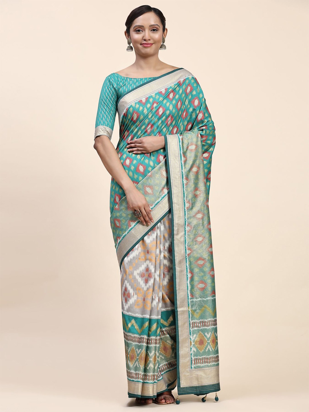 

Phenav Ethnic Motifs Printed Pure Silk Patola Saree, Blue