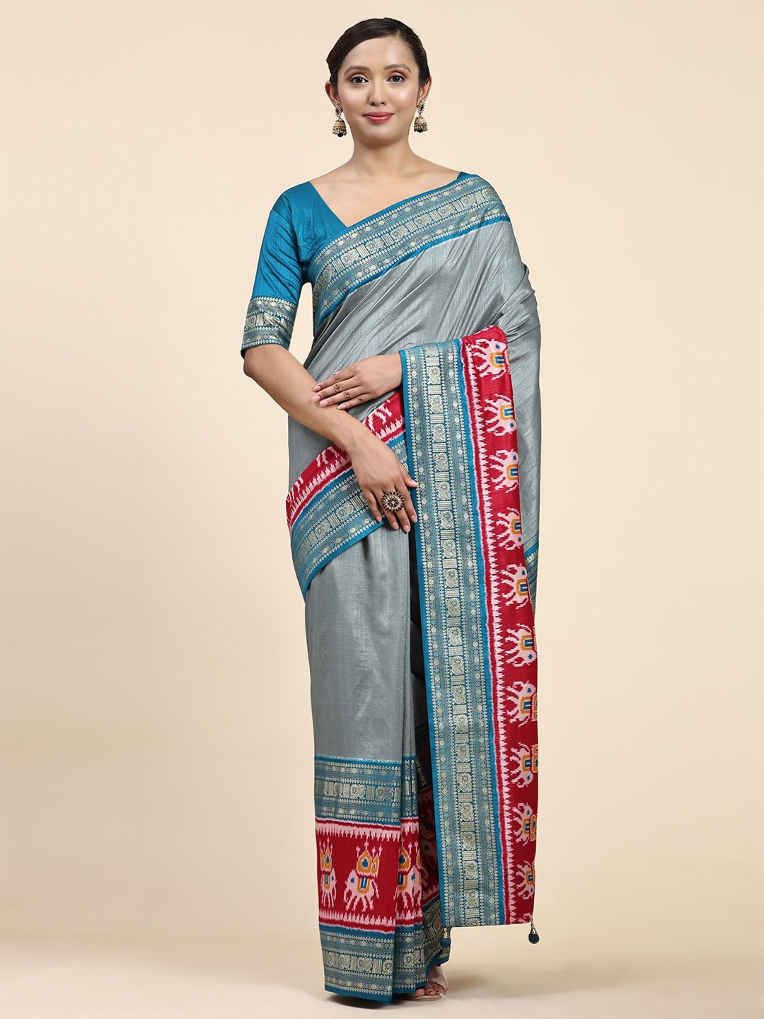 

Phenav Zari Pure Silk Patola Saree With Stitched Blouse, Grey