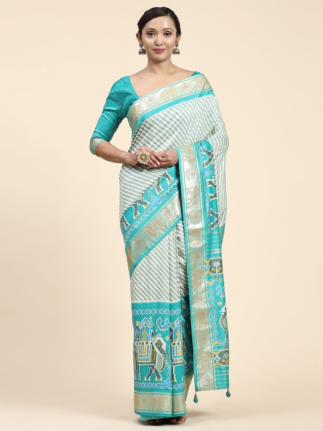 

Phenav Striped Beads & Stones Pure Silk Patola Saree, White