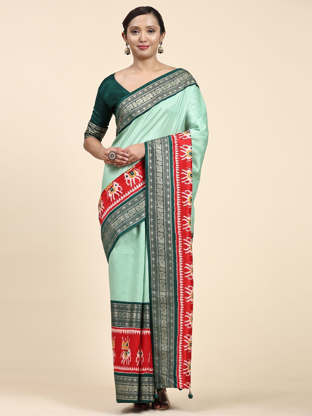 

Phenav Ethnic Motifs Printed Border Pure Silk Patola Saree, Blue