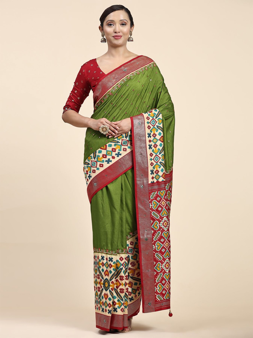 

Phenav Ethnic Motifs Printed Zari Pure Silk Patola Saree, Green