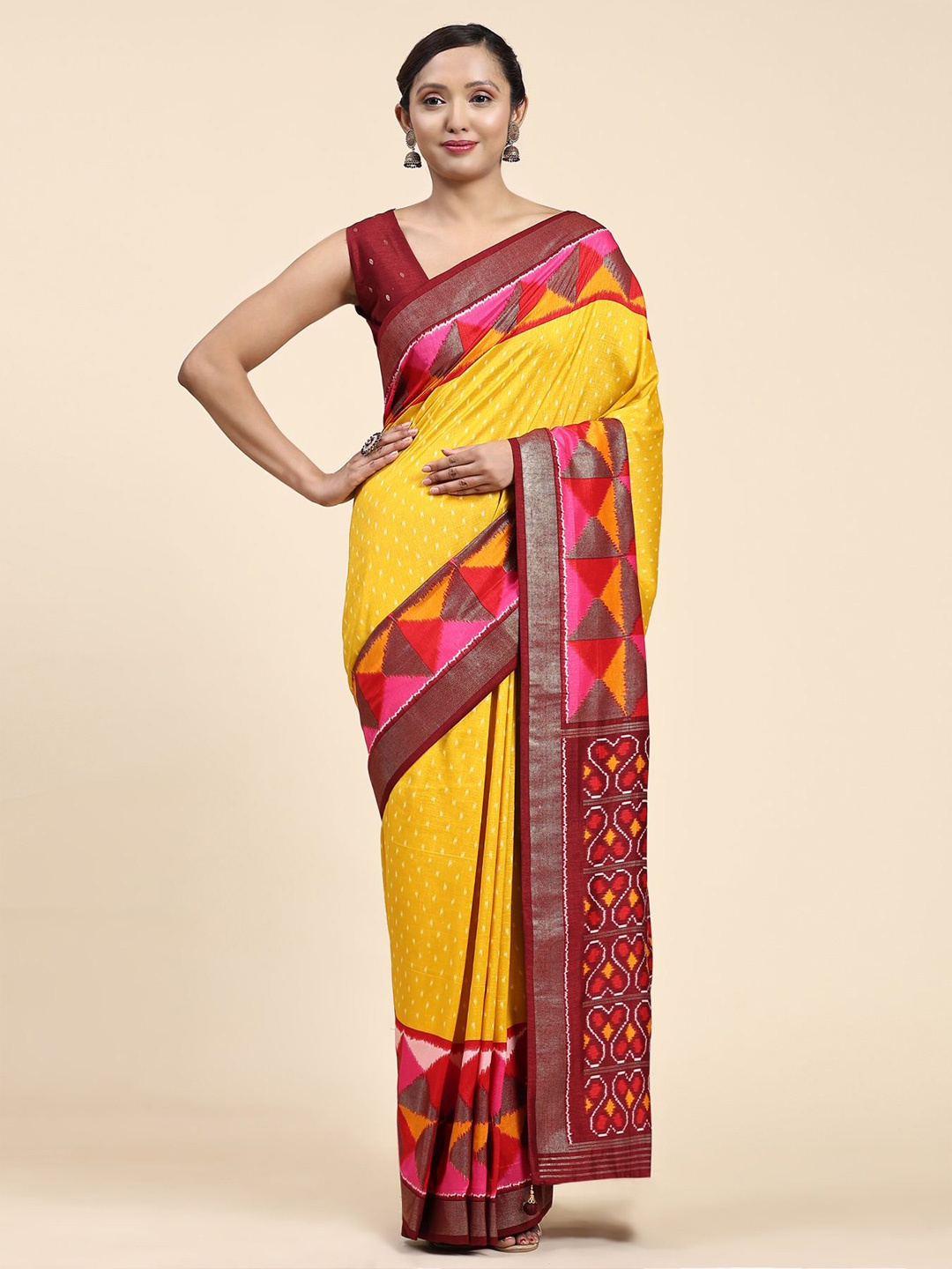 

Phenav Ethnic Motifs Printed Pure Silk Patola Saree, Yellow