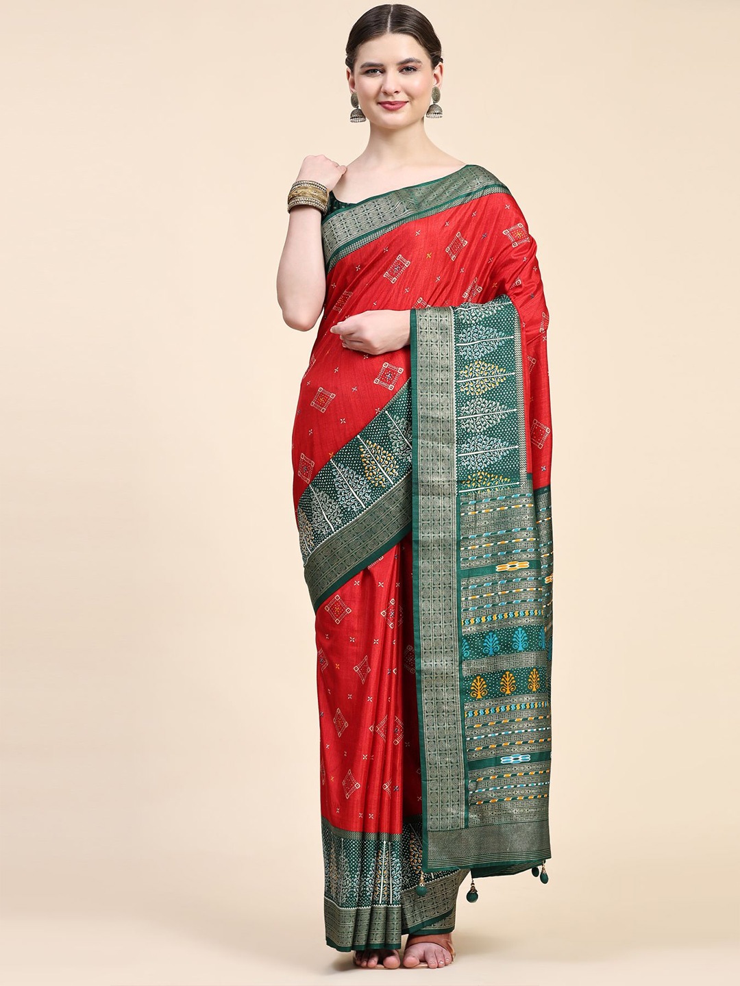 

Phenav Ethnic Motifs Printed Pure Silk Patola Saree, Red