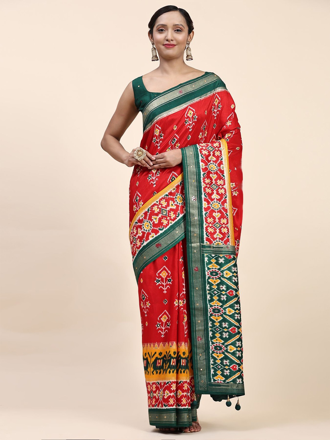 

Phenav Ethnic Motifs Printed Beads and Stones Pure Silk Patola Saree, Red