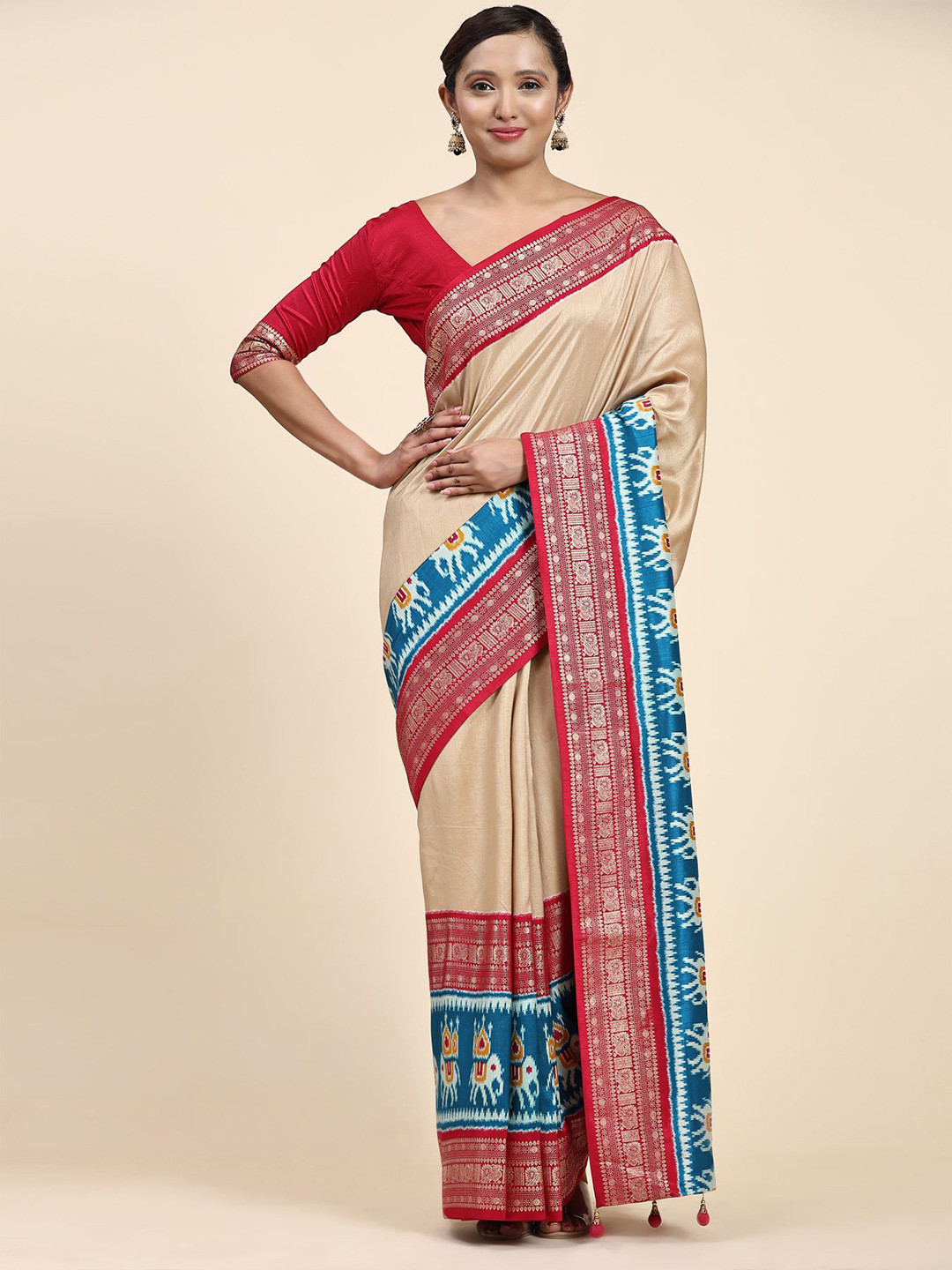 

Phenav Pure Silk Patola Saree, Cream