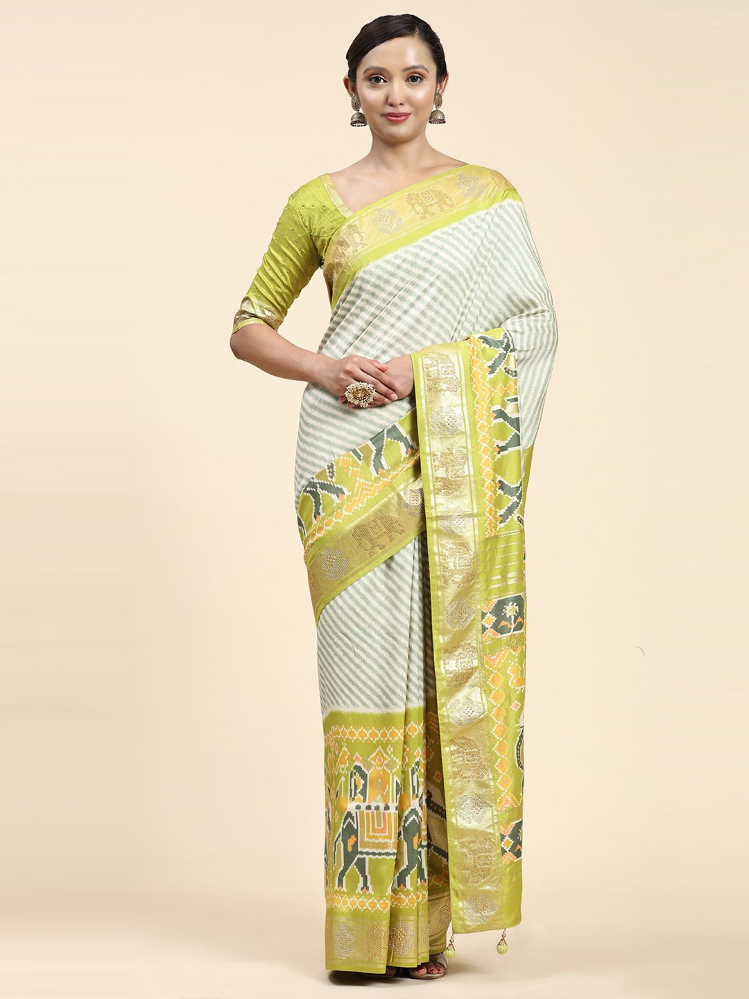 

Phenav Striped Zari Pure Silk Patola Saree, Grey