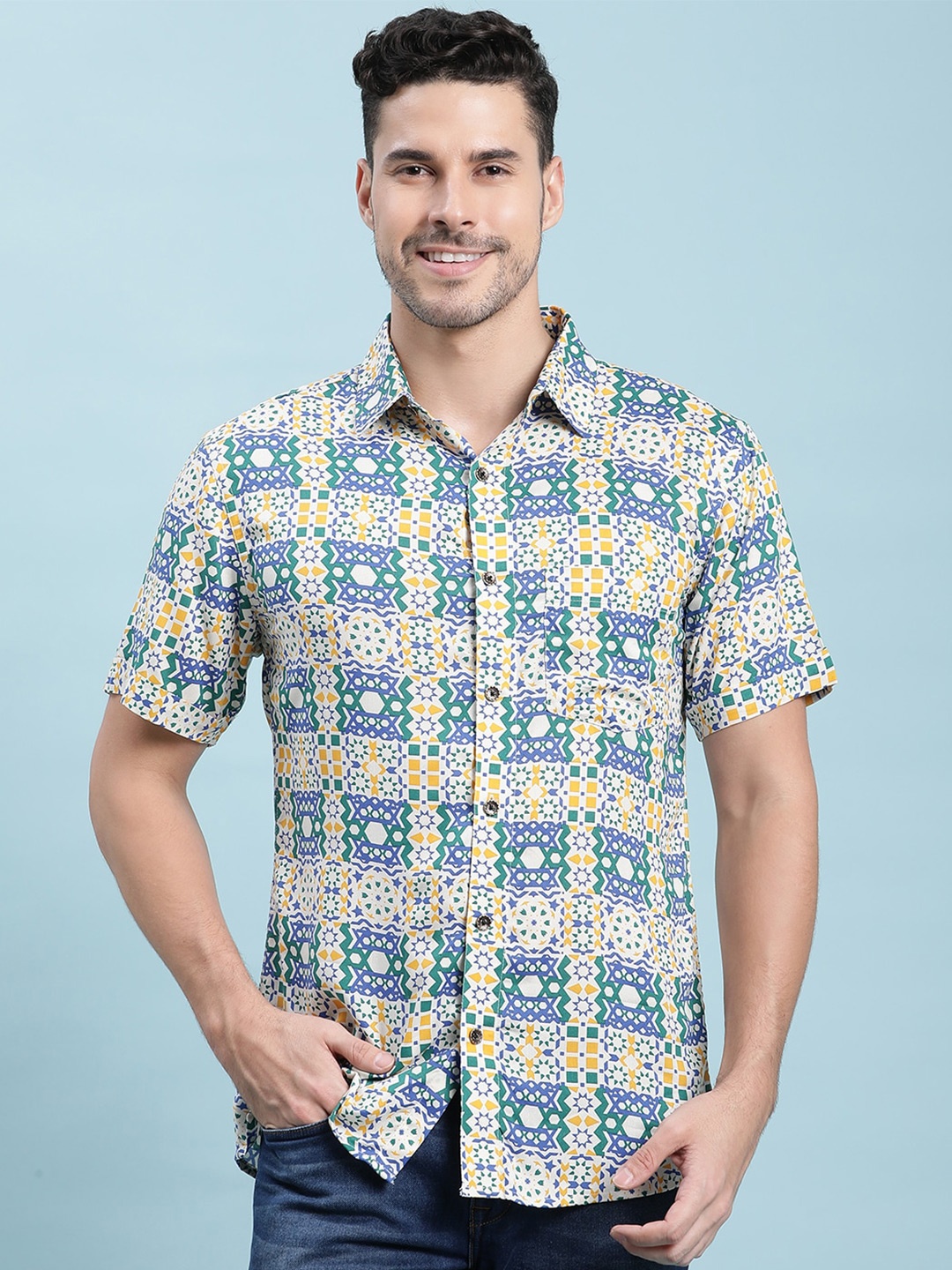 

Stuffie Land Ethnic Motif Printed Cotton Casual Shirt, Cream