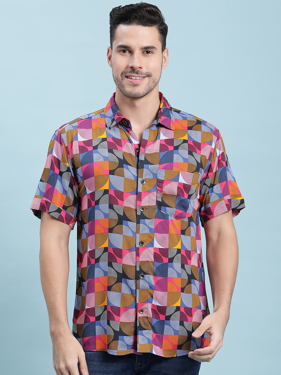 

Stuffie Land Geometric Printed Cotton Casual Shirt, Blue