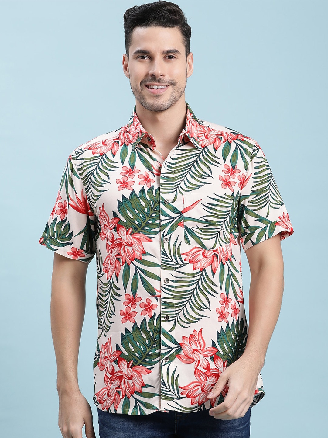 

Stuffie Land Tropical Printed Cotton Casual Shirt, White