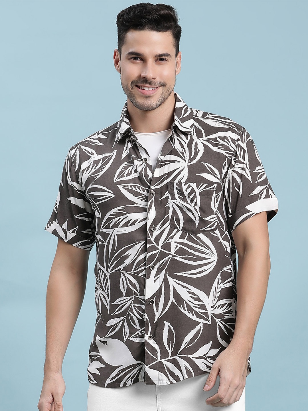 

Stuffie Land Floral Printed Cotton Casual Shirt, Grey