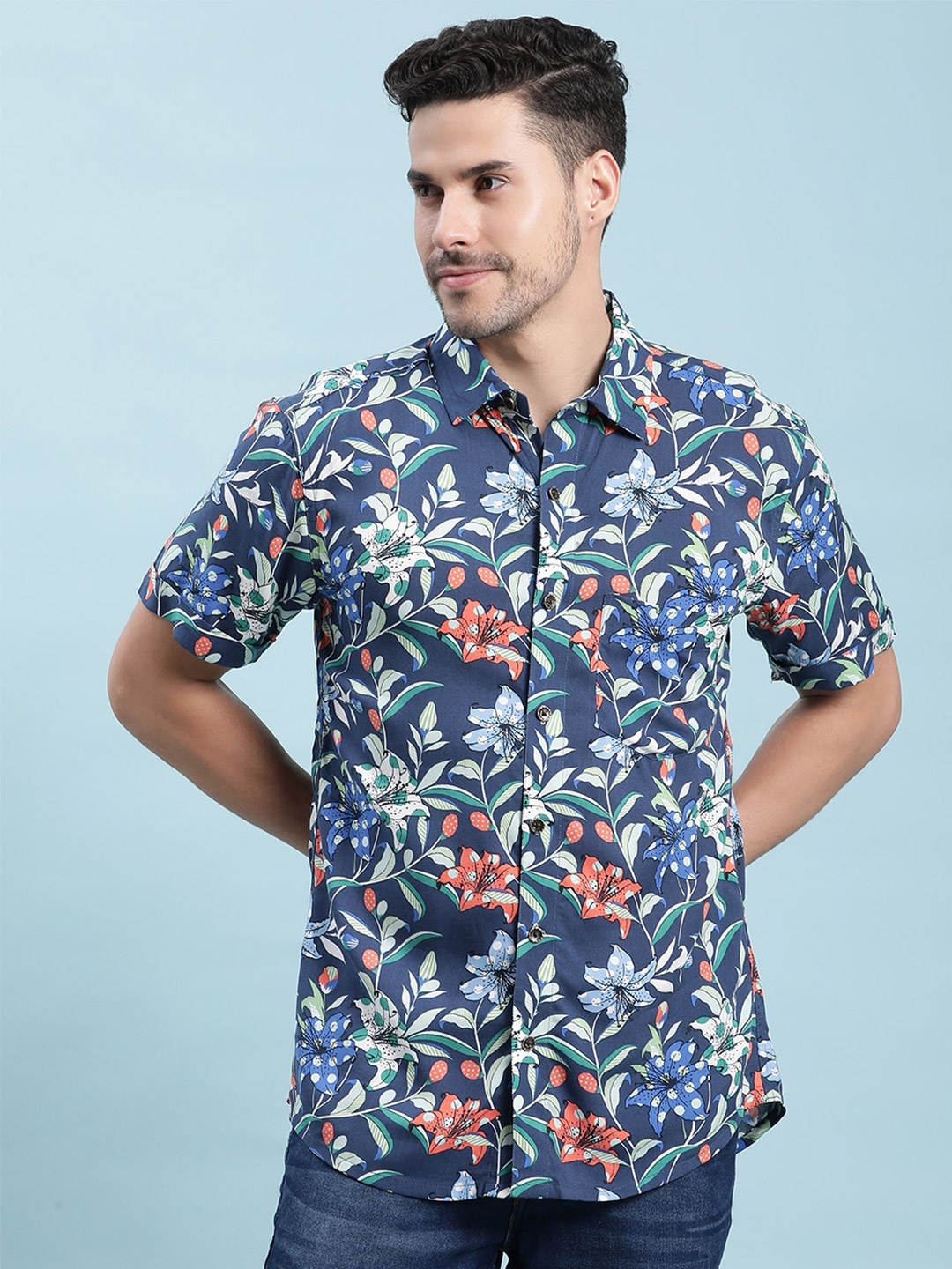 

Stuffie Land Floral Printed Cotton Casual Shirt, Blue