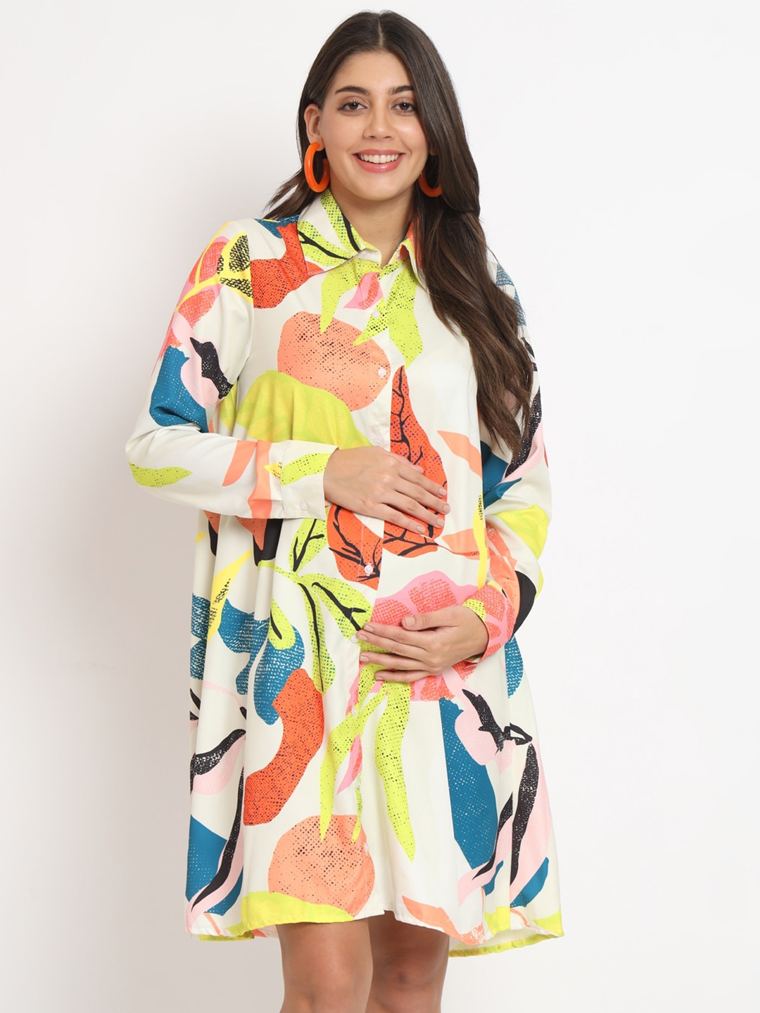 

angloindu Floral Printed Maternity Shirt Dress, White