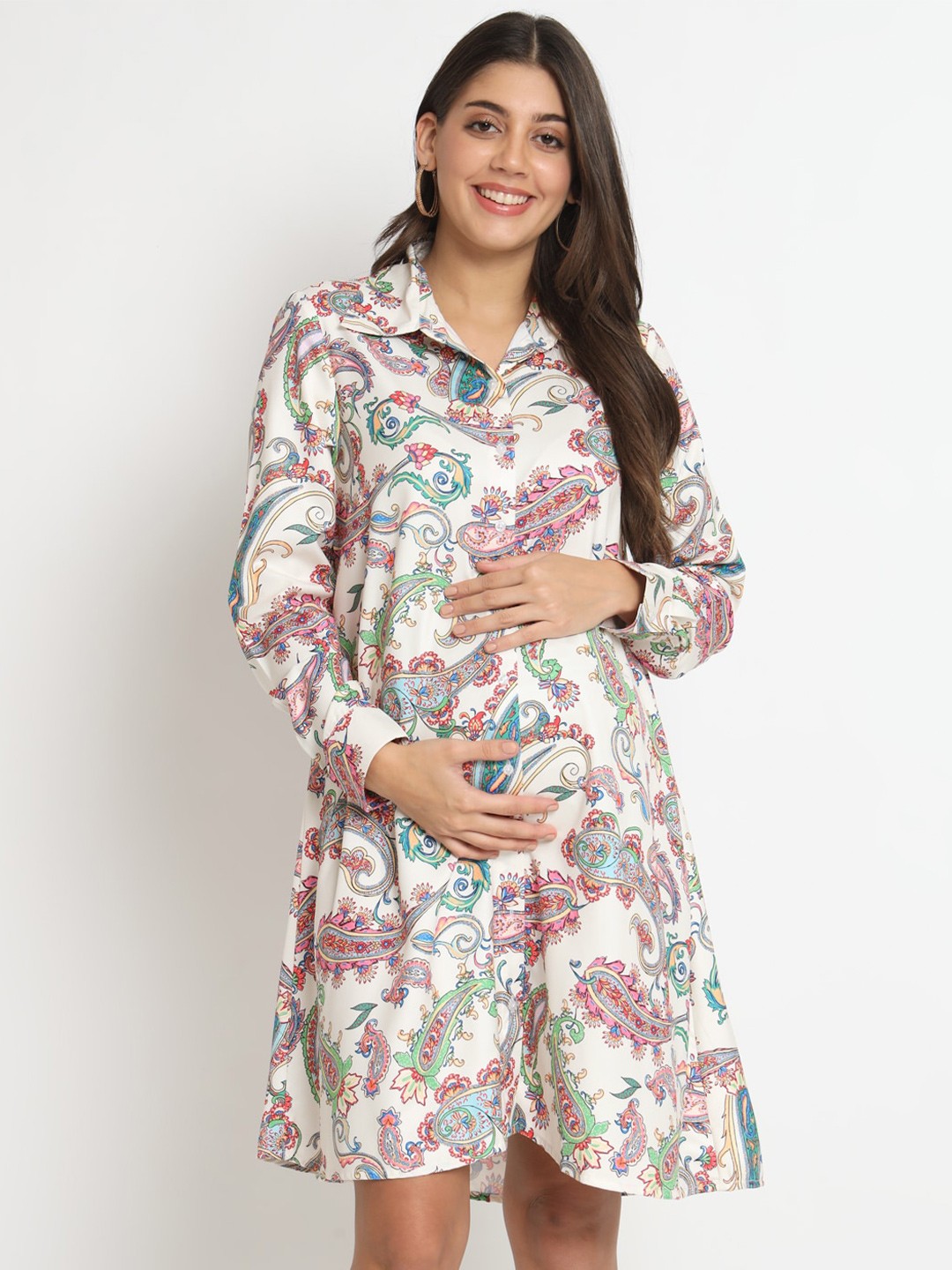 

angloindu Paisley Printed Maternity Shirt Dress, White