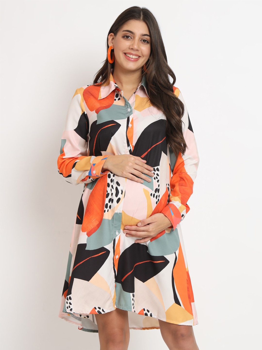 

angloindu Abstract Printed Long Cuff Sleeves Maternity Shirt Dress, Pink