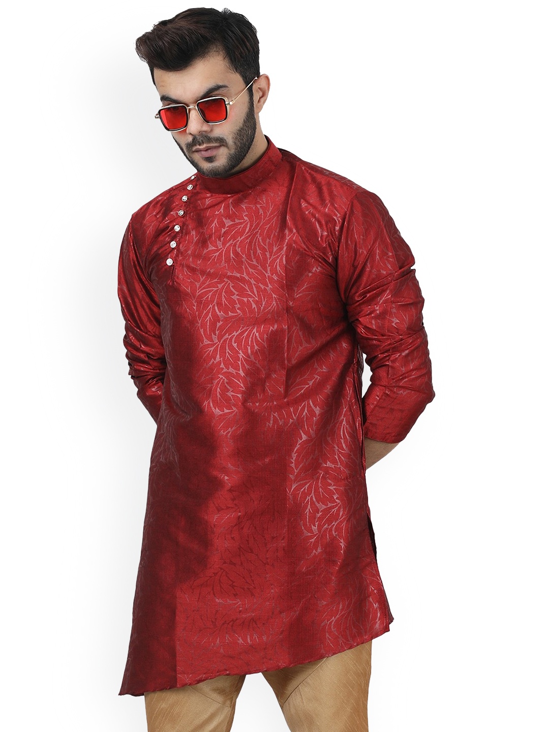 

Armaan Ethnic Floral Woven Design Angrakha Kurta, Maroon