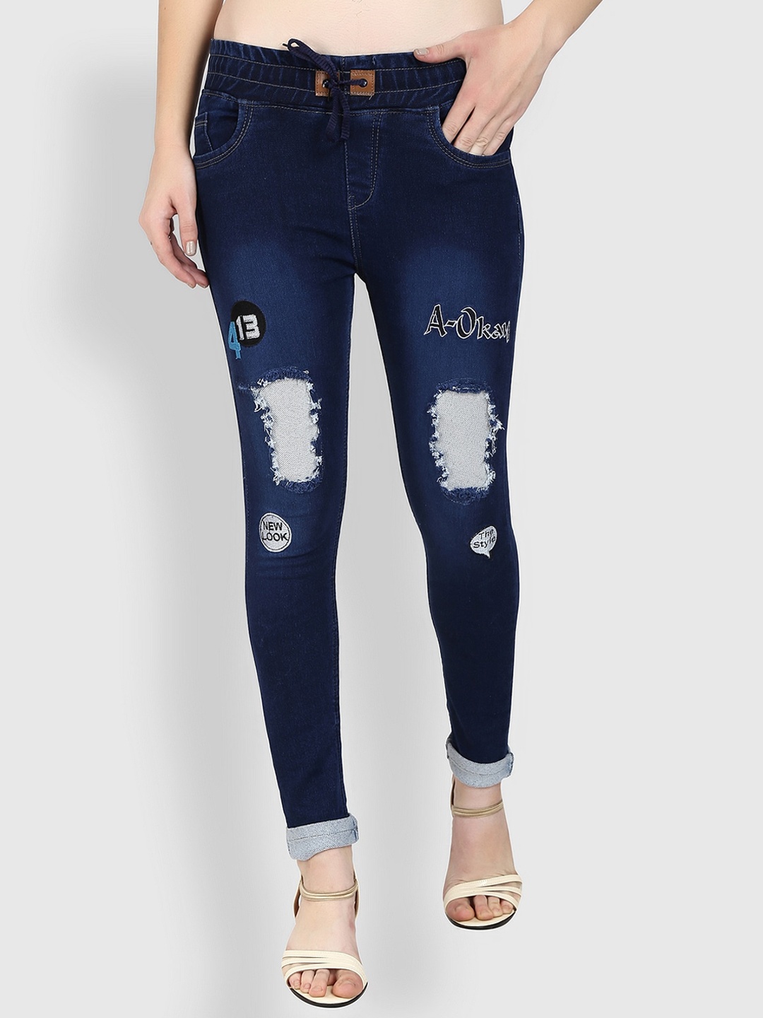 

A-Okay Women Slim Fit High-Rise Mildly Distressed Light Fade Stretchable Jeans, Navy blue