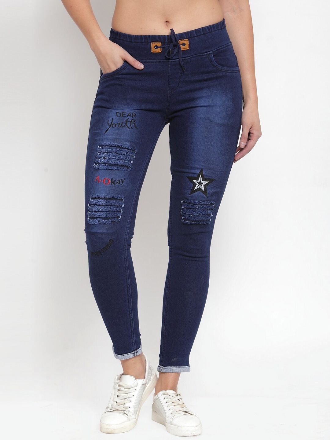 

A-Okay Women Slim Fit High-Rise Mildly Distressed Light Fade Stretchable Jeans, Navy blue