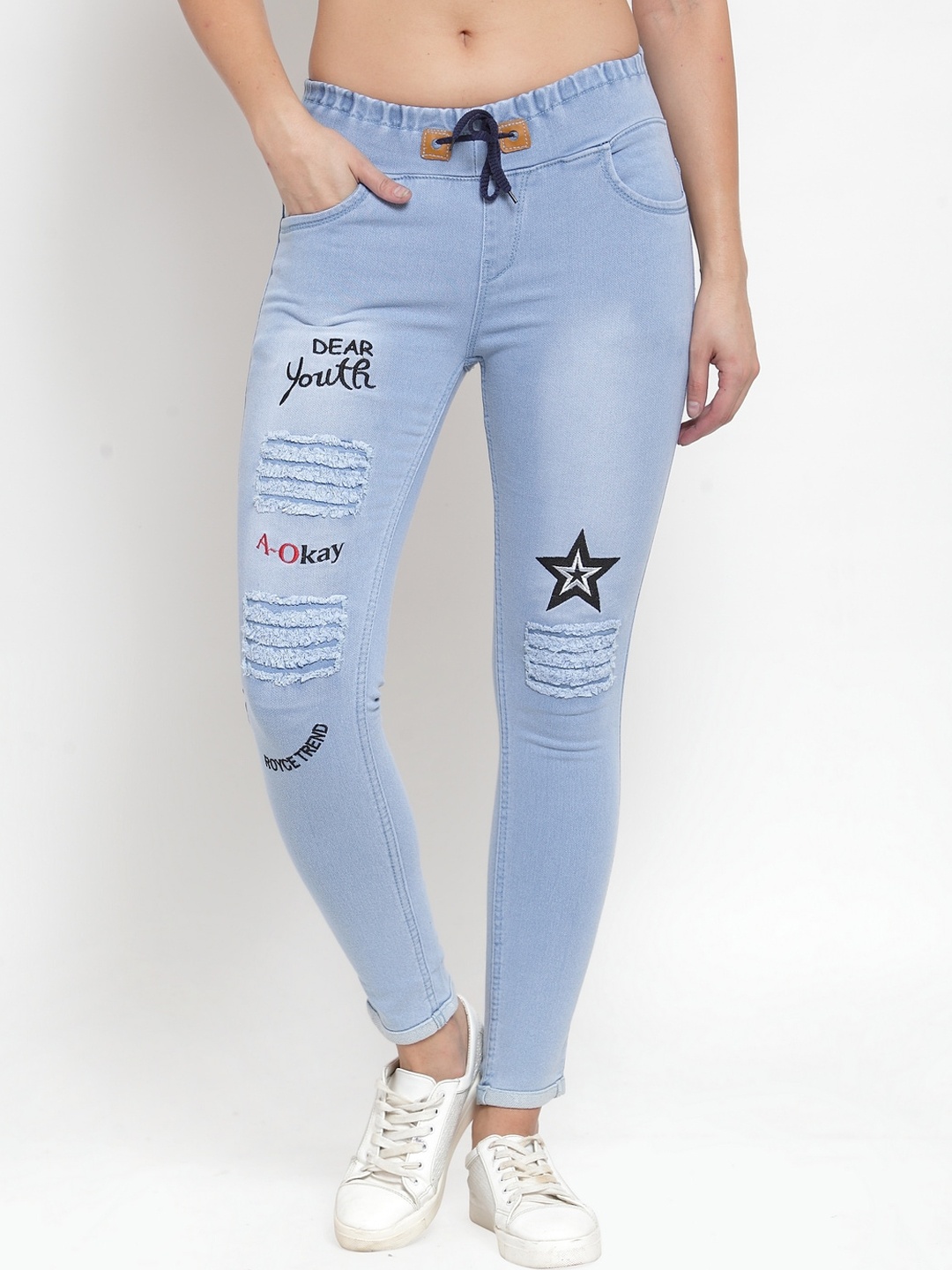 

A-Okay Women Slim Fit High-Rise Mildly Distressed Stretchable Jeans, Turquoise blue