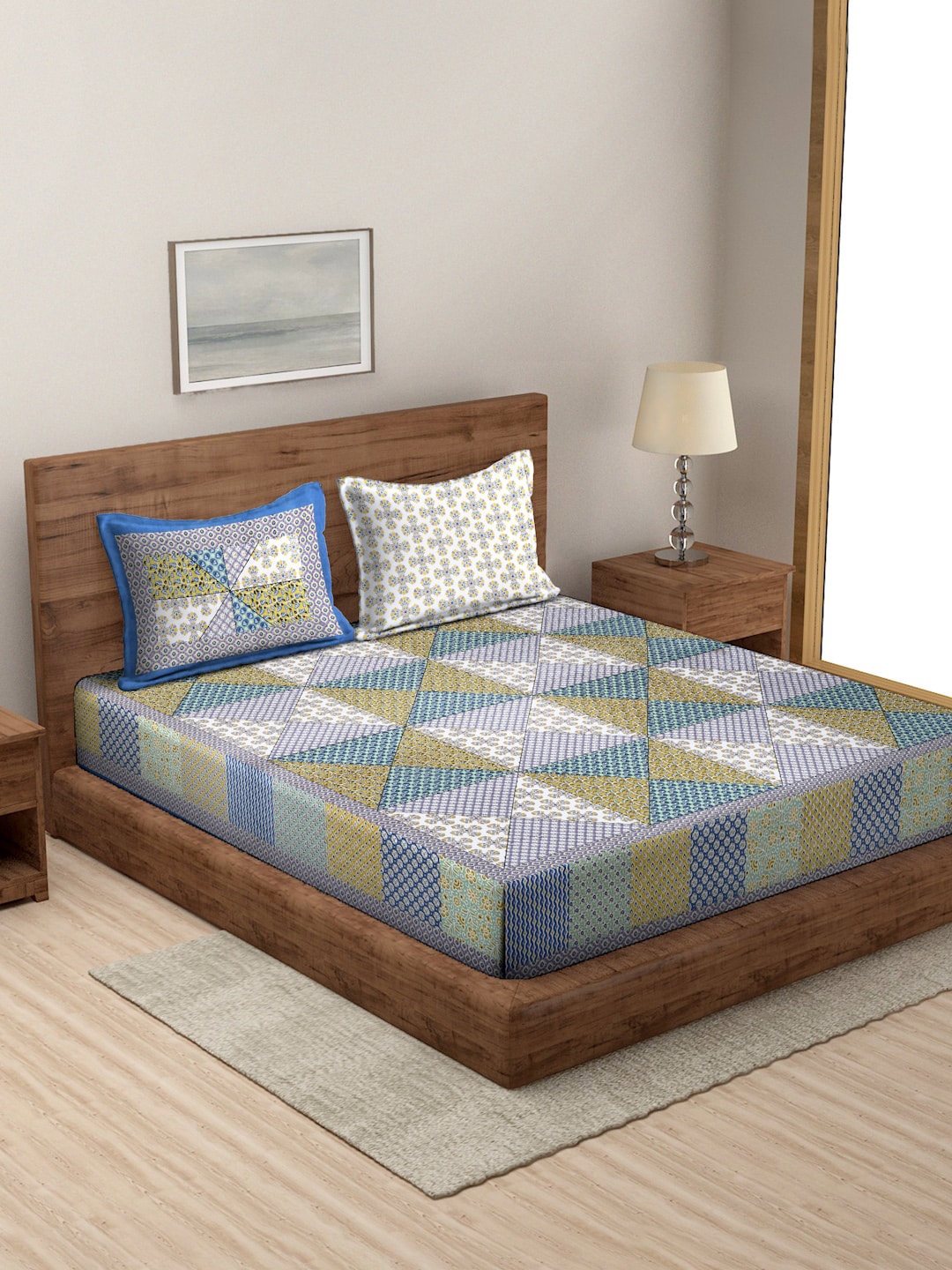 

Sangria White & Blue Printed 180 TC Cotton Super King Bedsheet With 2 Pillow Covers