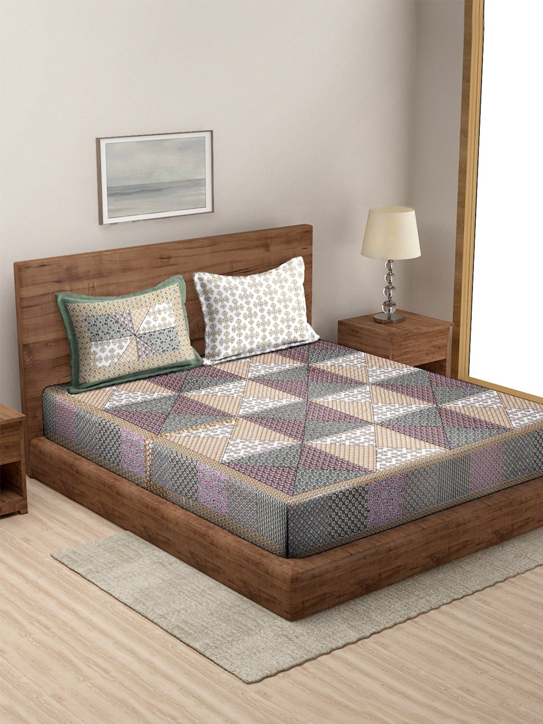 

Sangria White Geometric Cotton 180 TC Cotton King Bedsheet With 2 Pillow Covers
