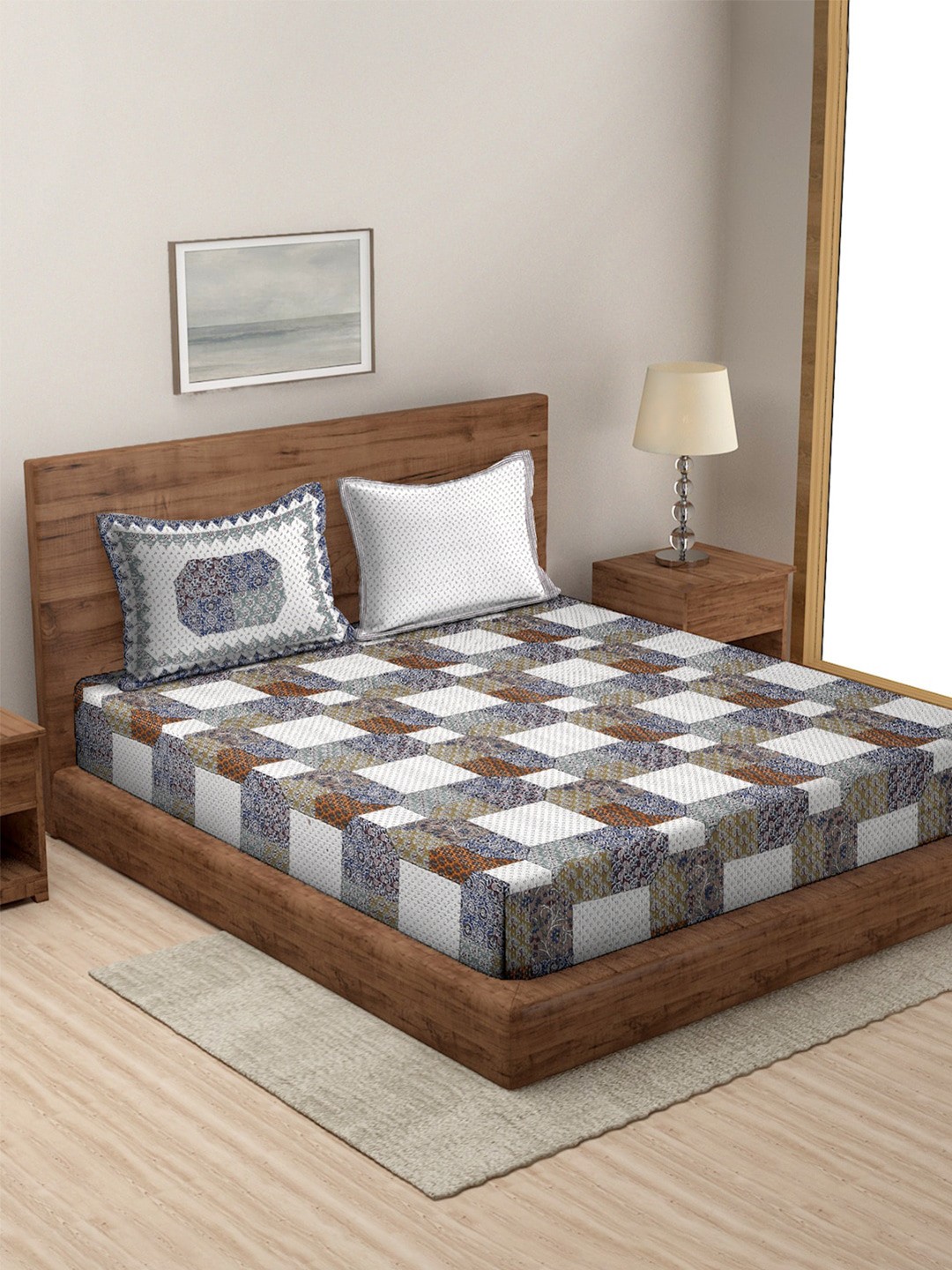 

Sangria White & Blue Geometric Cotton 180 TC King Bedsheet With 2 Pillow Covers