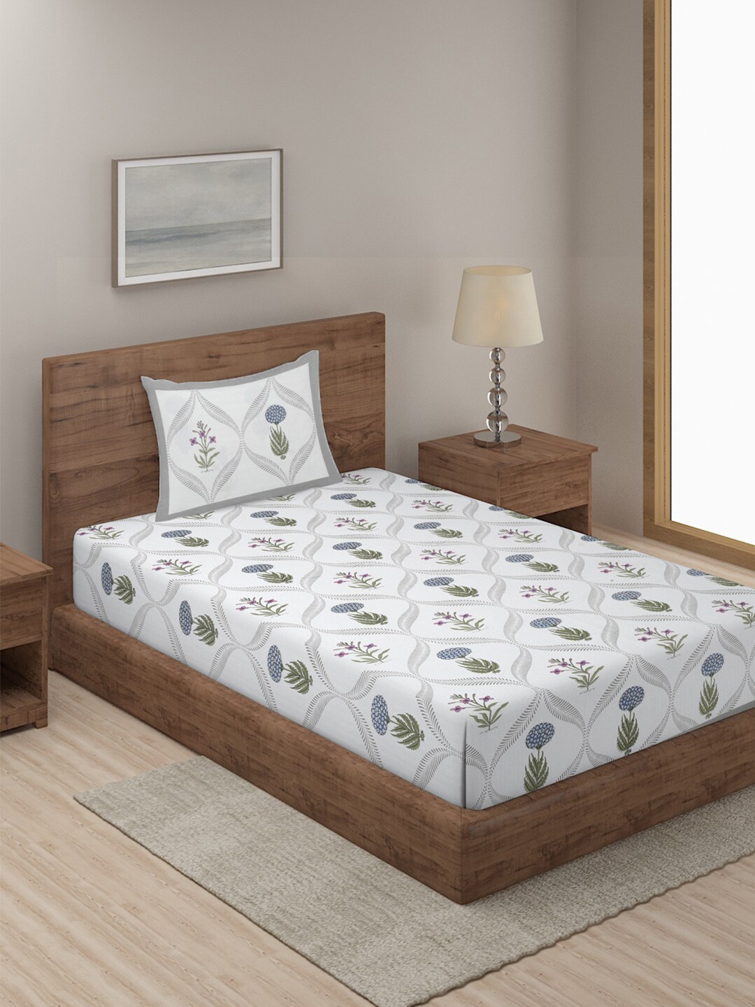 

Sangria White & Green Printed Cotton 180 TC Single Bedsheet With 1 Pillow Cover