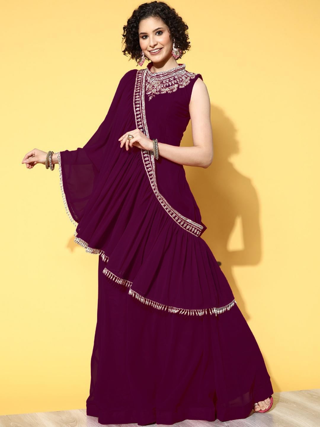 

Chhabra 555 Embroidered Fit & Flare Ethnic Dress with Pre-Draped Matching Dupatta, Purple