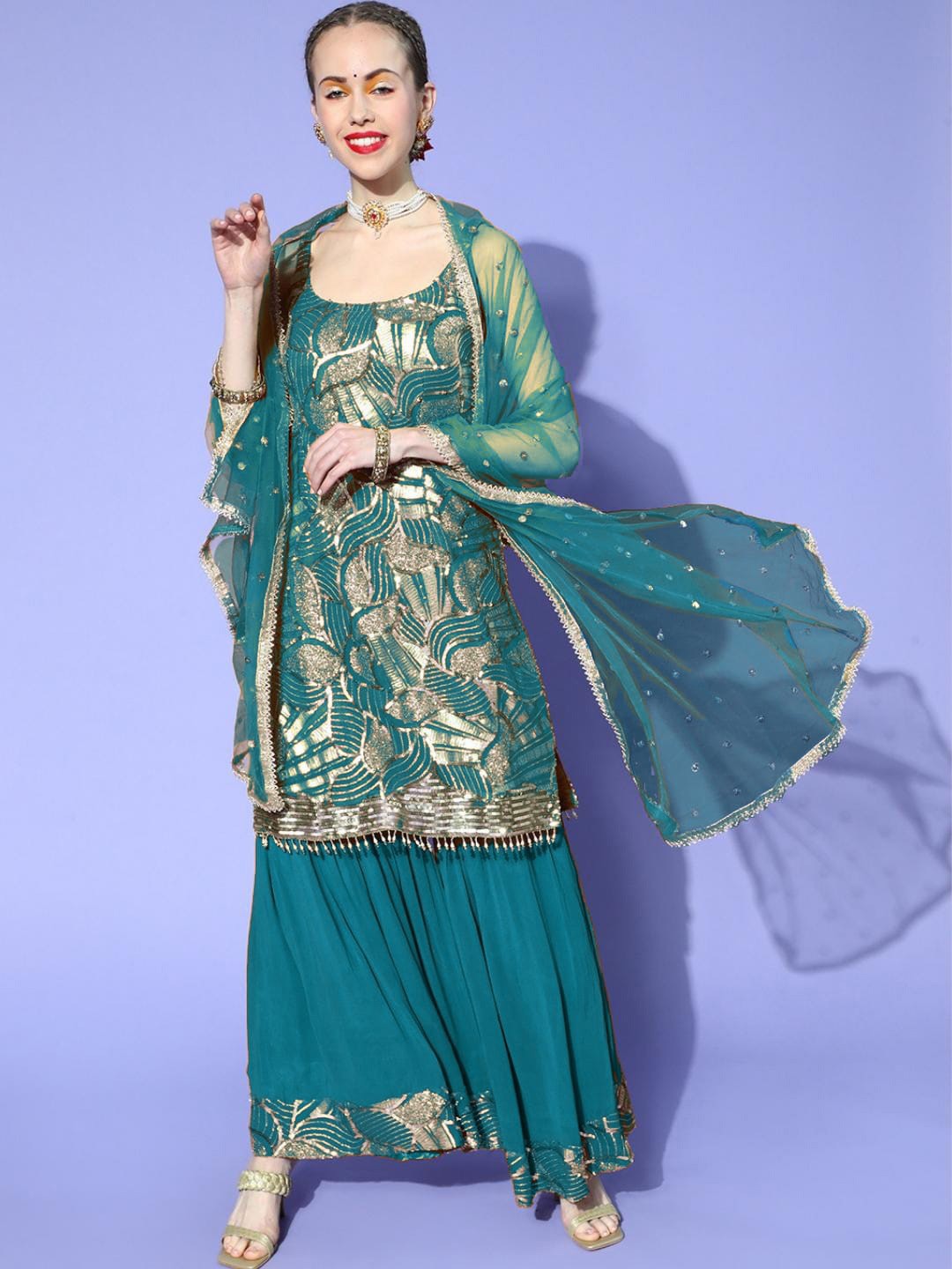 

Chhabra 555 Embroidered Sequined Kurta With Sharara & Dupatta, Turquoise blue