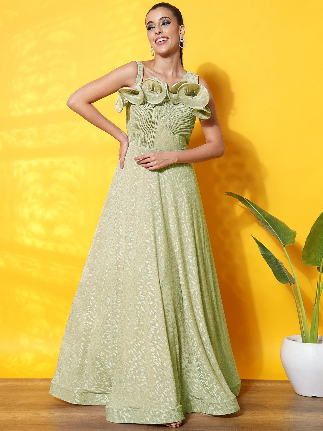 

Chhabra 555 Embellished Asymmetric Straps Georgette Gown Ethnic Dress, Green