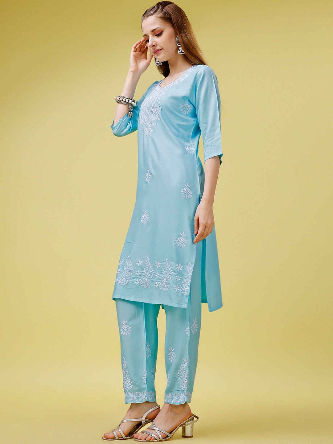 

KALINI Floral Embroidered Pure Cotton Kurta with Palazzos, Blue