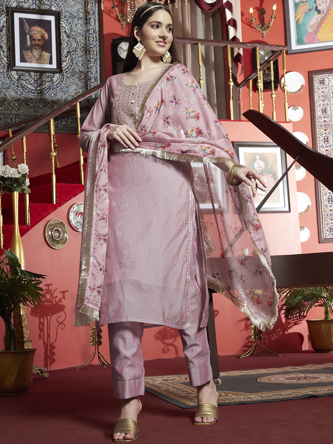 

Sangria Ethnic Motifs Yoke Design Sequinned Straight Kurta & Trouser With Dupatta, Mauve