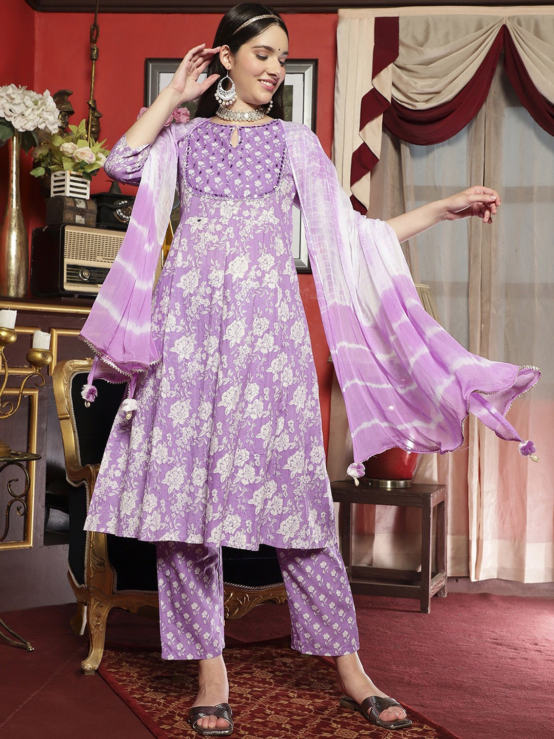 

Sangria Floral Printed Keyhole Neck Mirror Work A Line Kurta With Trouser & Dupatta, Mauve