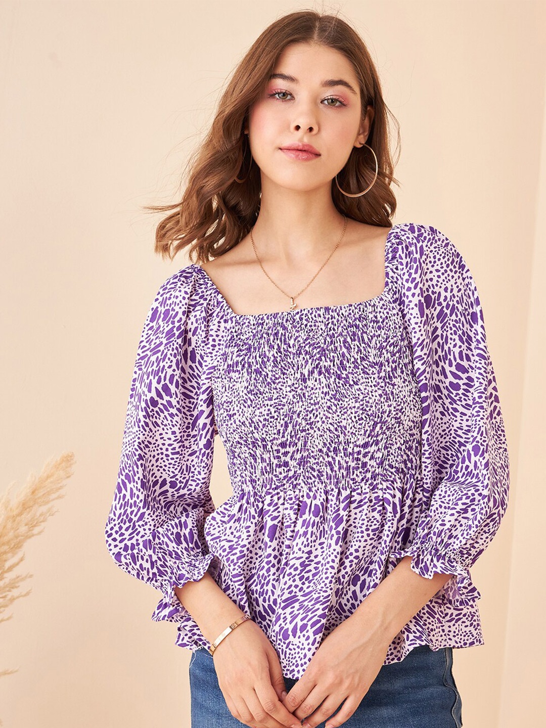 

Kibo Abstract Print Smocking Puff Sleeve Peplum Top, Purple