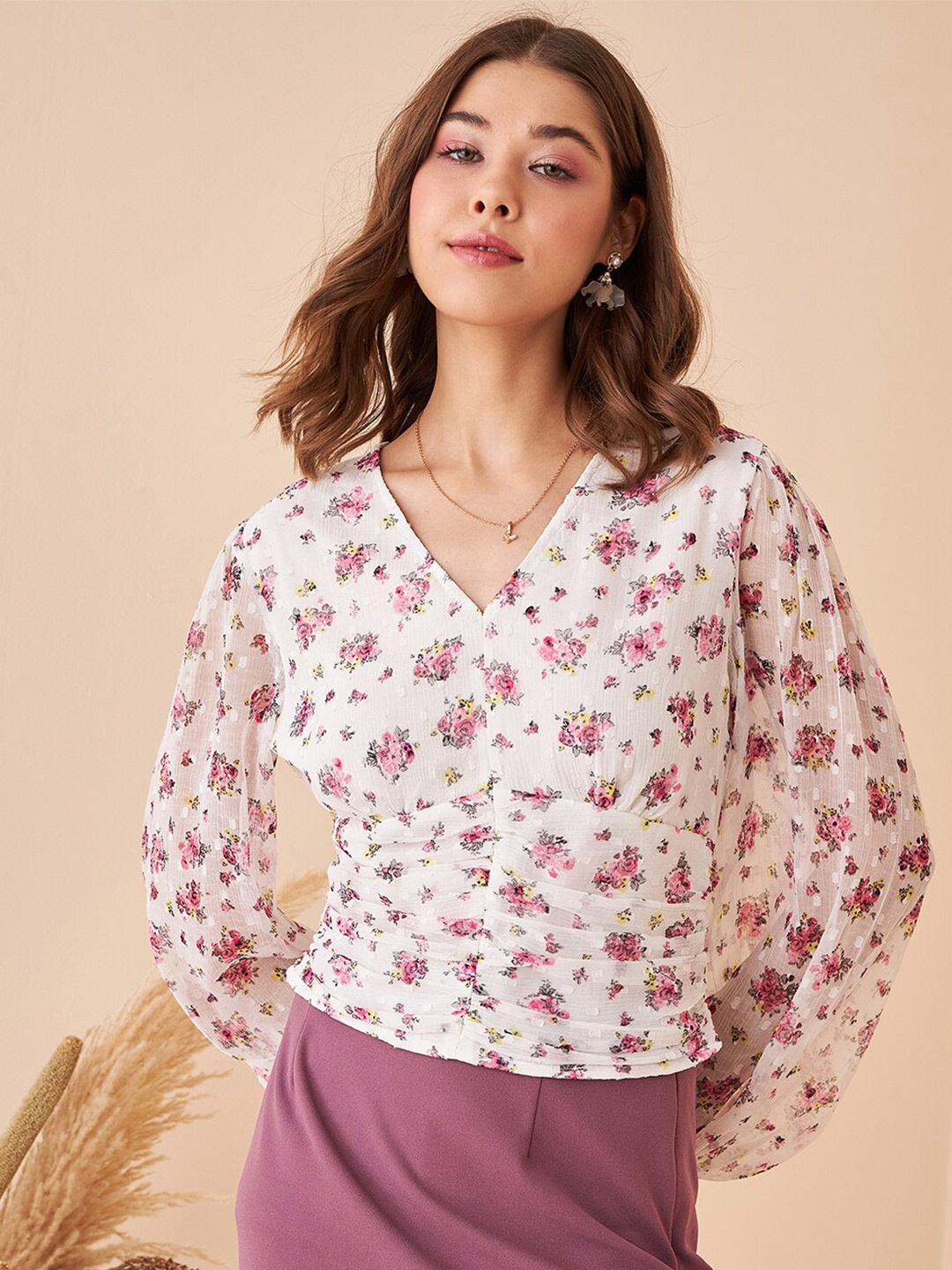 

Kibo Floral Print Puff Sleeve Chiffon Regular Top, White