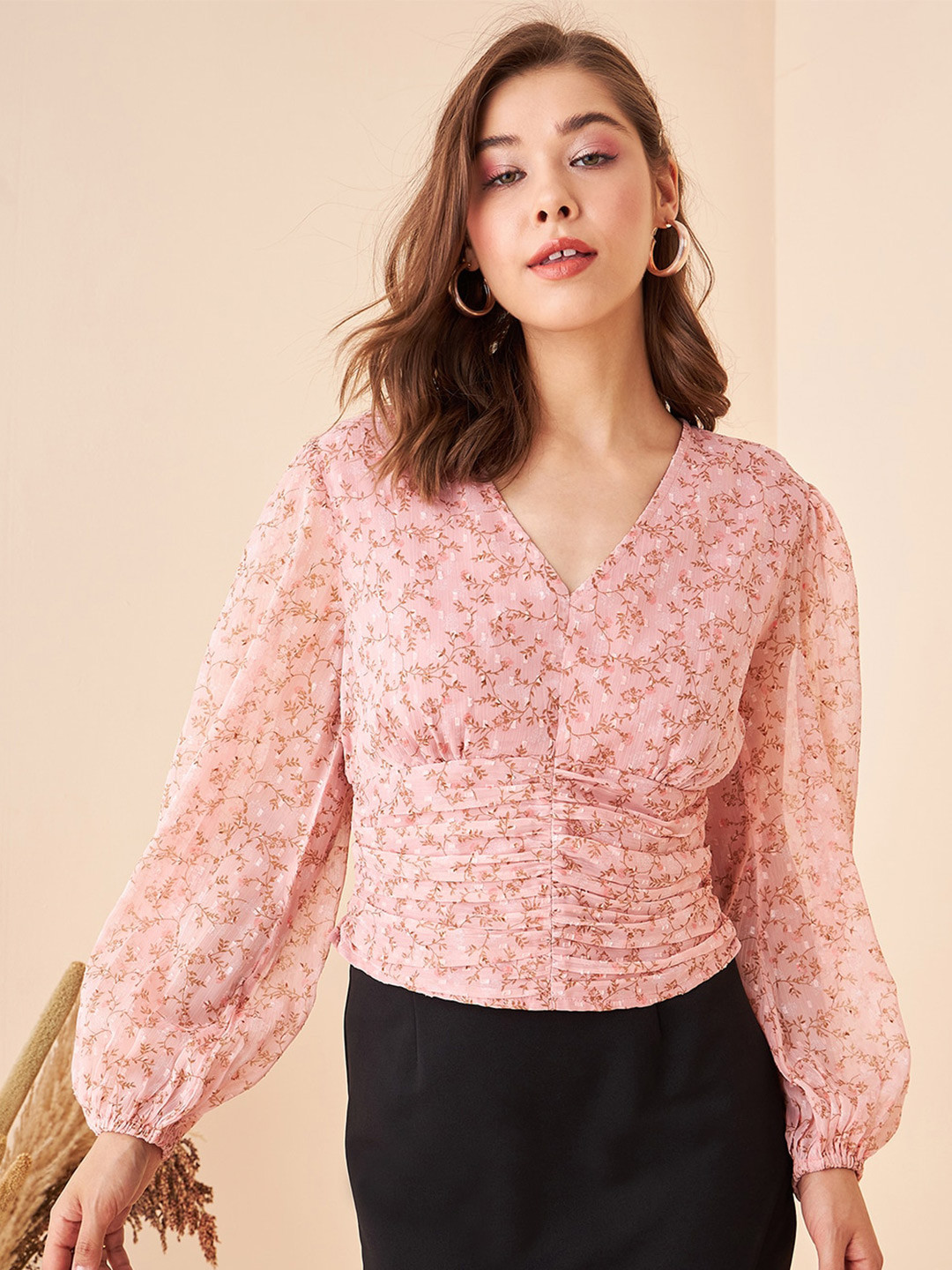 

Kibo Floral Print Puff Sleeve Chiffon Regular Top, Peach