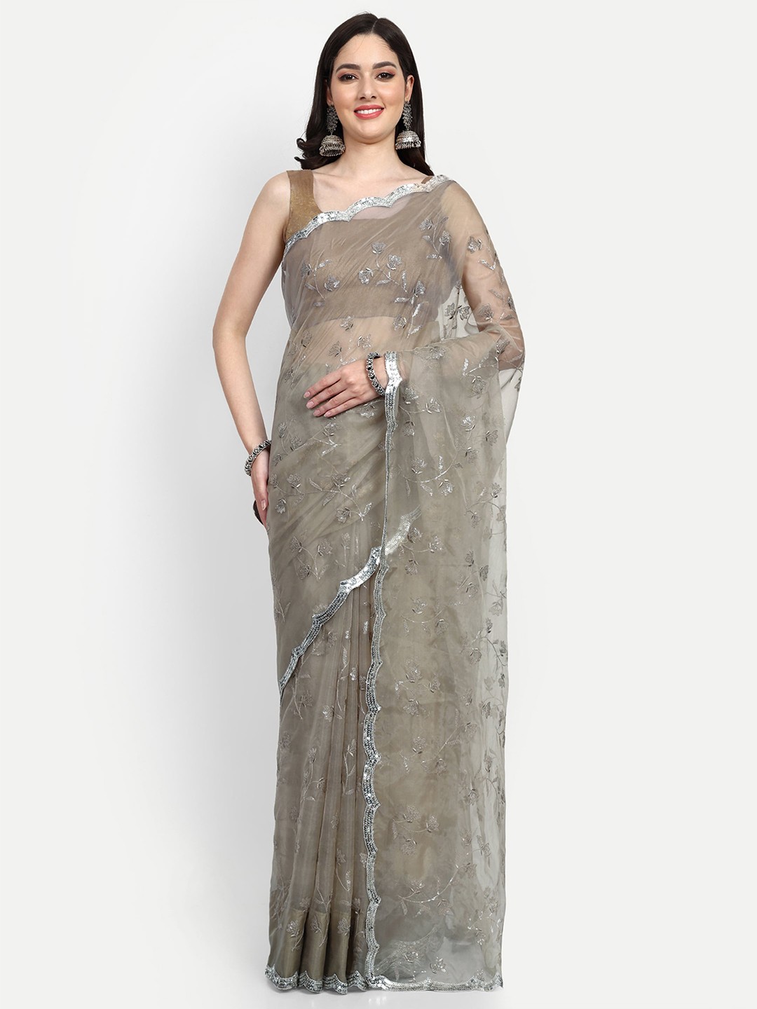 

LTS Label Tripti Saxena Floral Embroidered Sequinned Organza Saree, Grey melange
