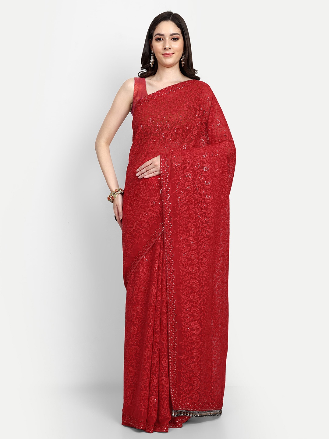 

LTS Label Tripti Saxena Paisley Embroidered Sequinned Pure Georgette Saree, Red