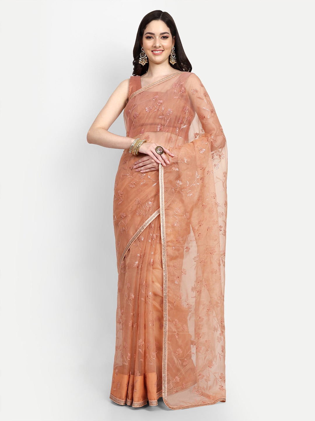 

LTS Label Tripti Saxena Floral Embroidered Sequinned Organza Saree, Peach