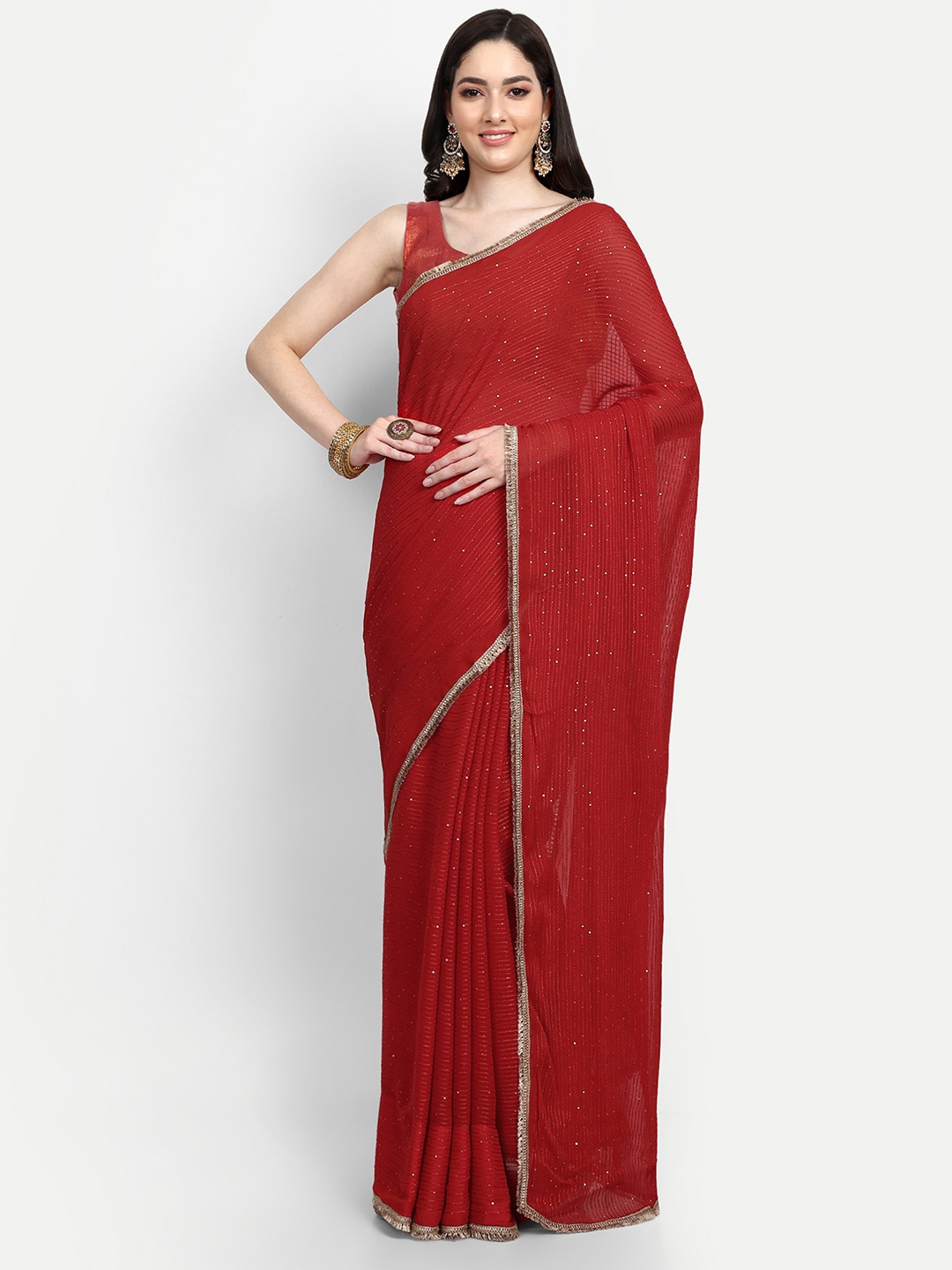 

LTS Label Tripti Saxena Embellished Sequined Pure Georgette Saree, Red