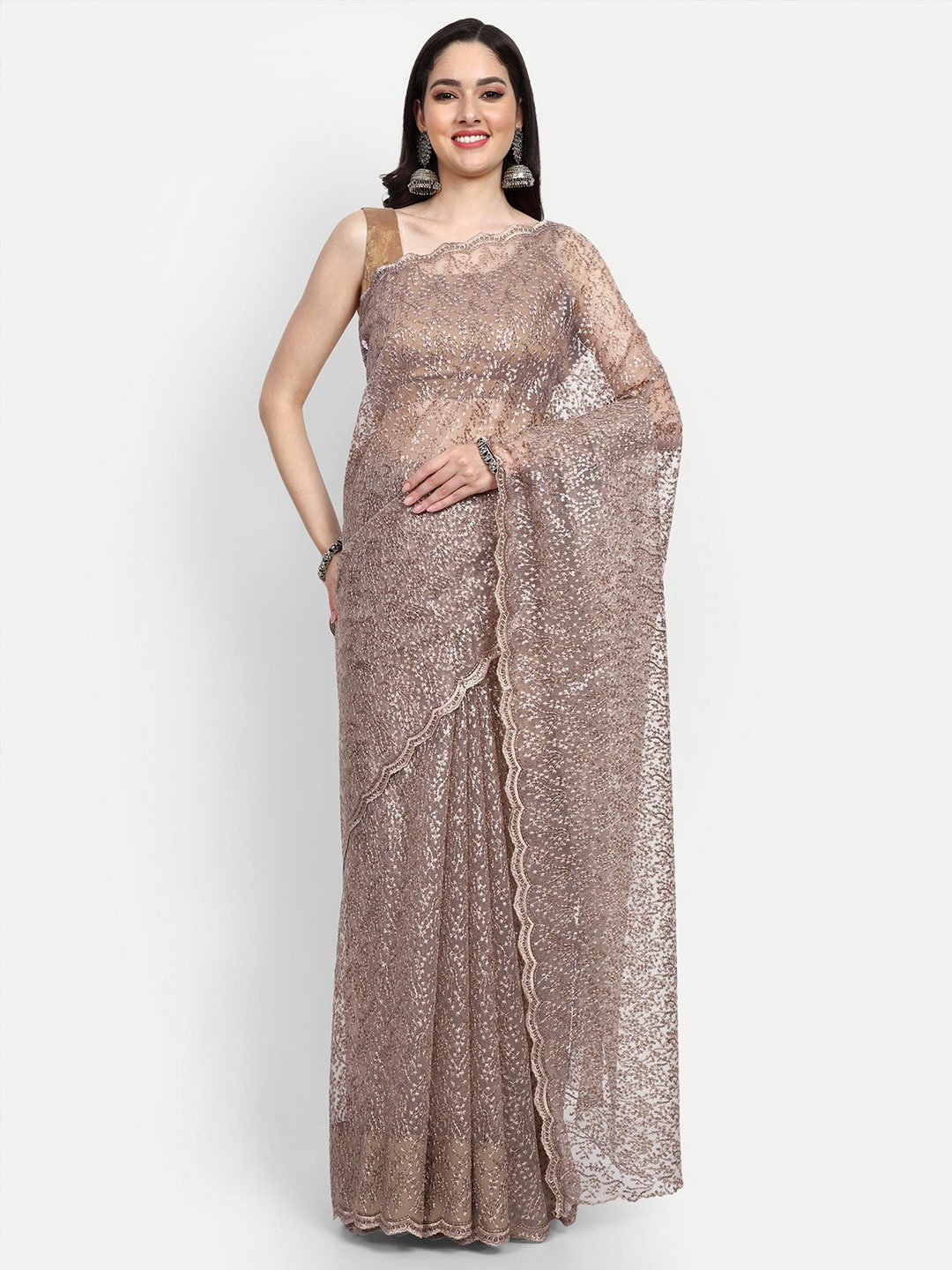 

LTS Label Tripti Saxena Embellished Sequinned Net Saree, Beige