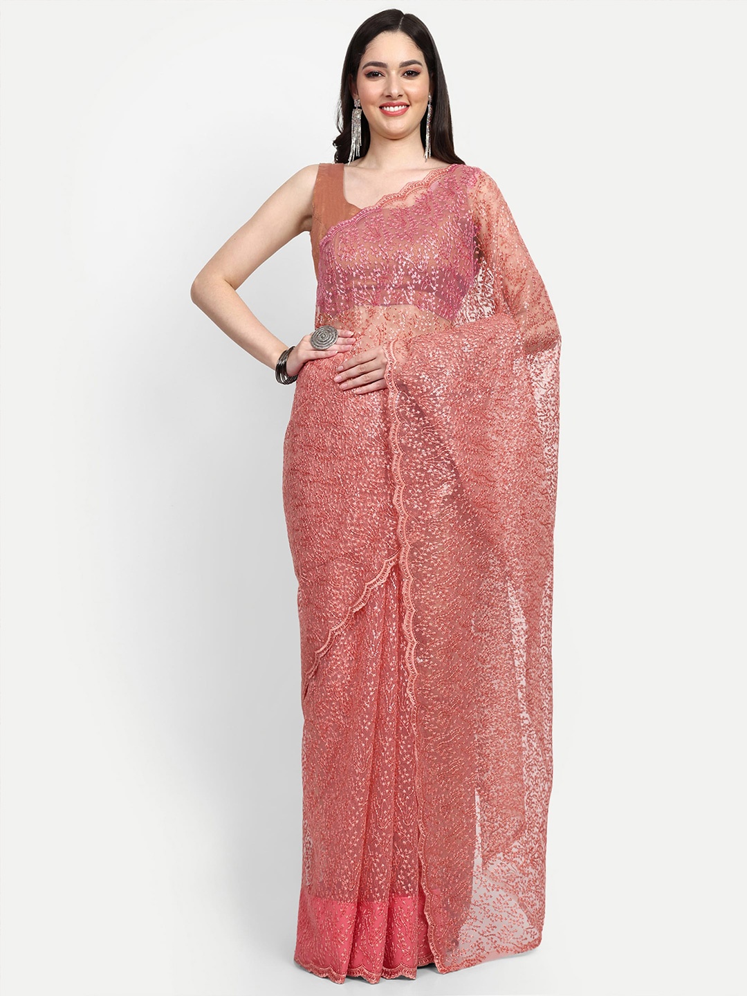 

LTS Label Tripti Saxena Floral Embroidered Sequined Net Saree, Peach