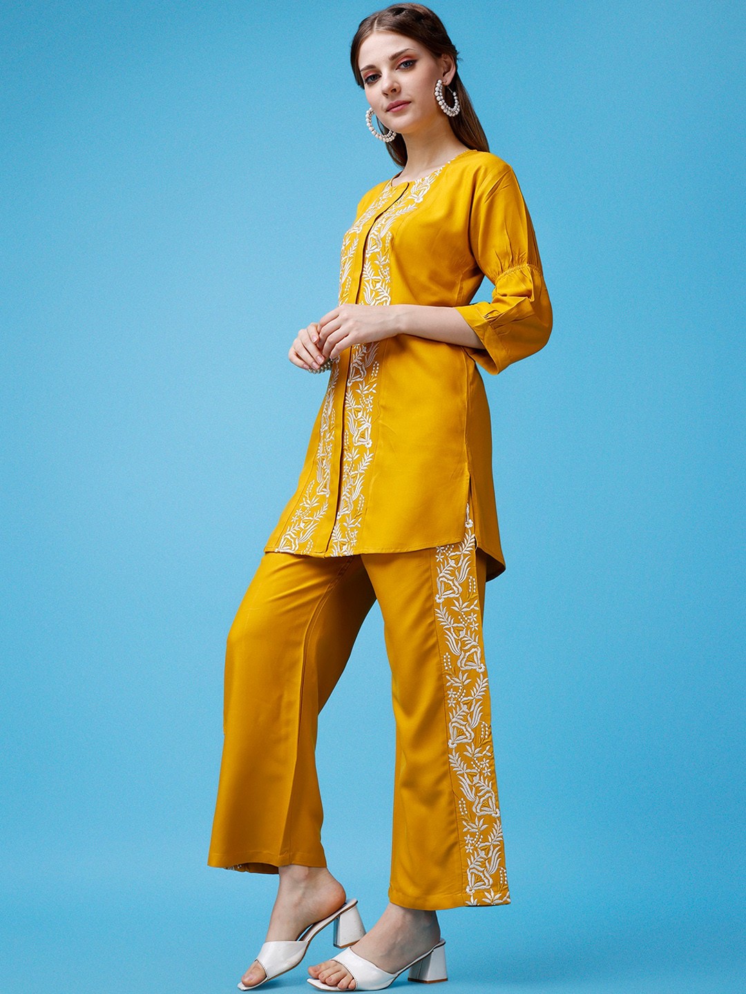 

KALINI Floral Embroidered Top With Trouser Co-Ords, Yellow