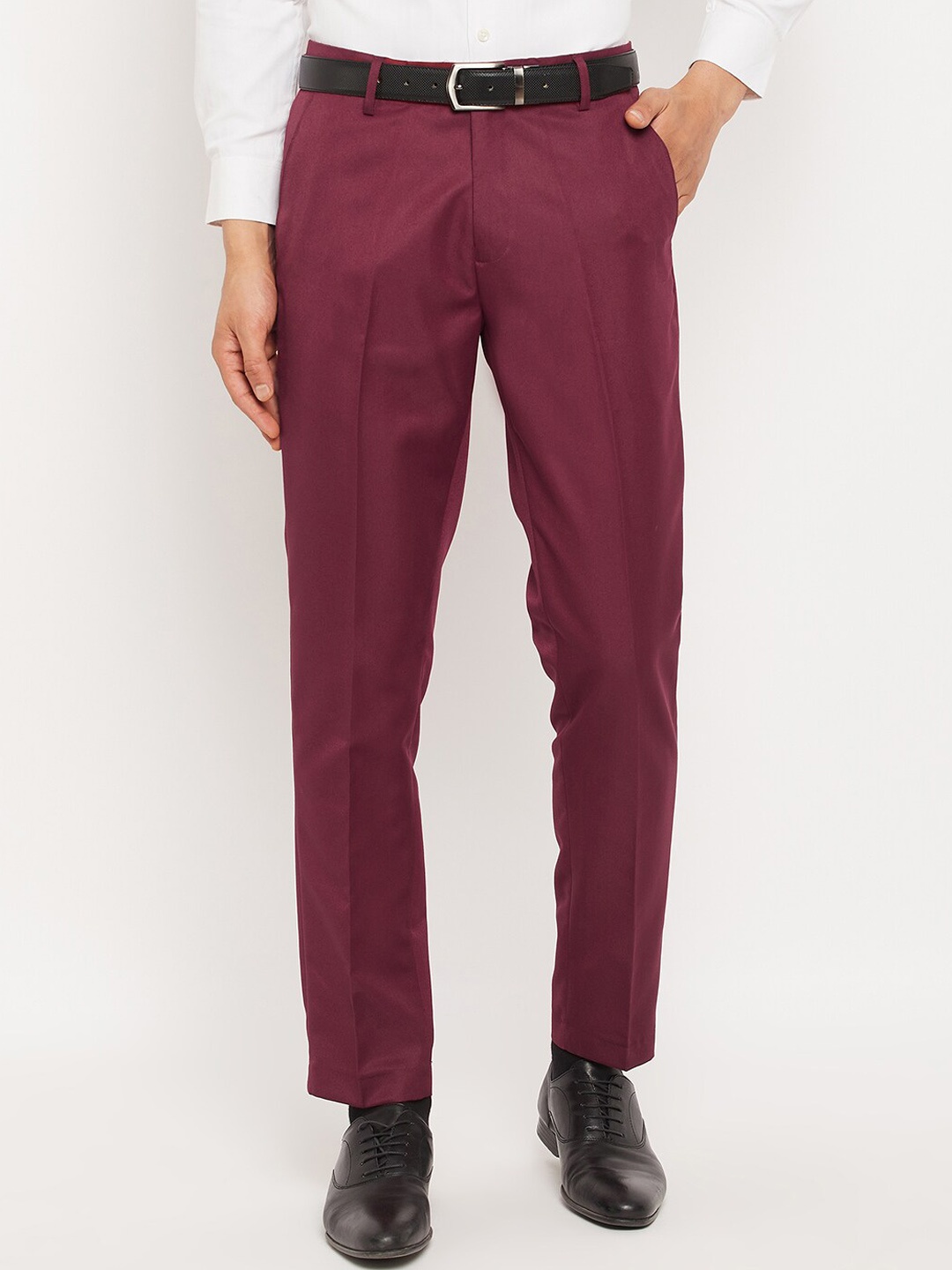 

VEI SASTRE Men Smart Slim Fit Mid-Rise Flat-Front Formal Trousers, Maroon
