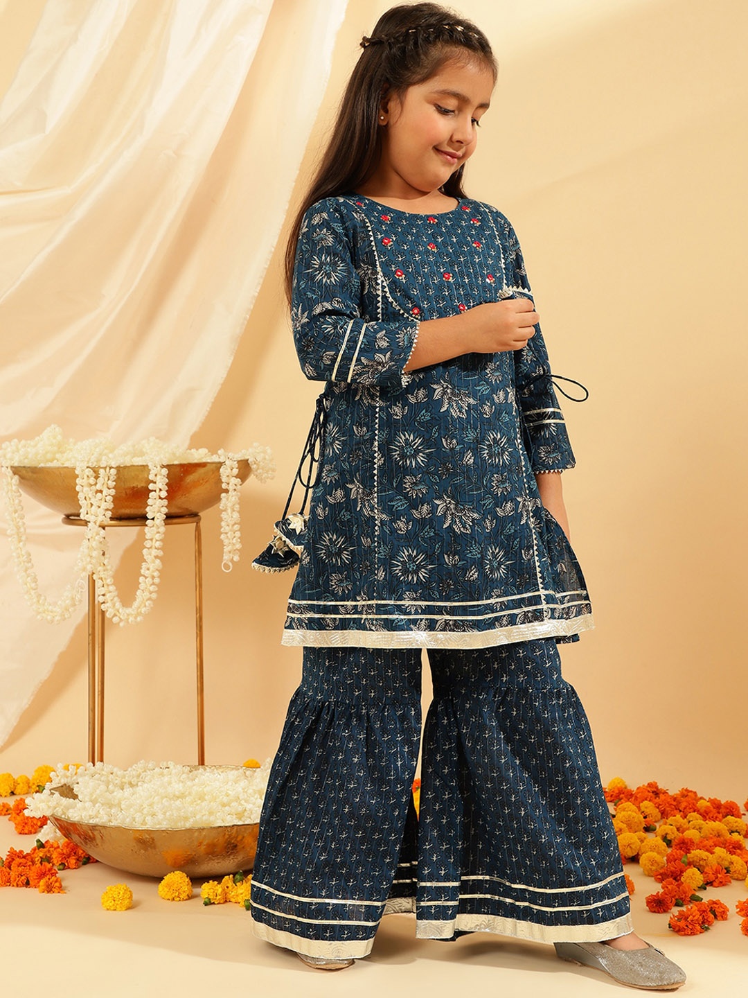 

Sangria Girls Blue Floral Printed Pure Cotton A-Line Kurta With Sharara Set