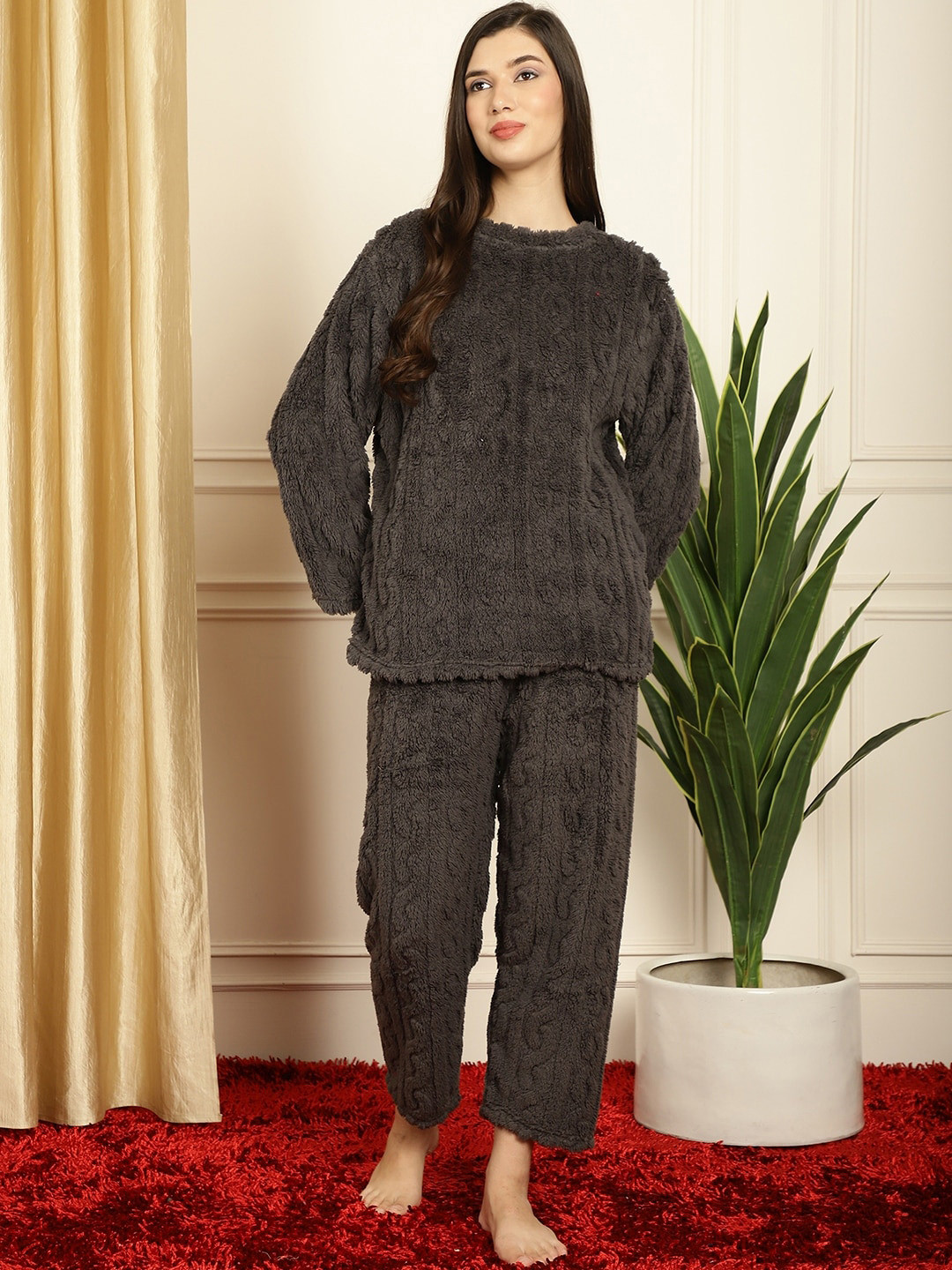 

TAG 7 Striped Self Design Fur Night Suit, Grey