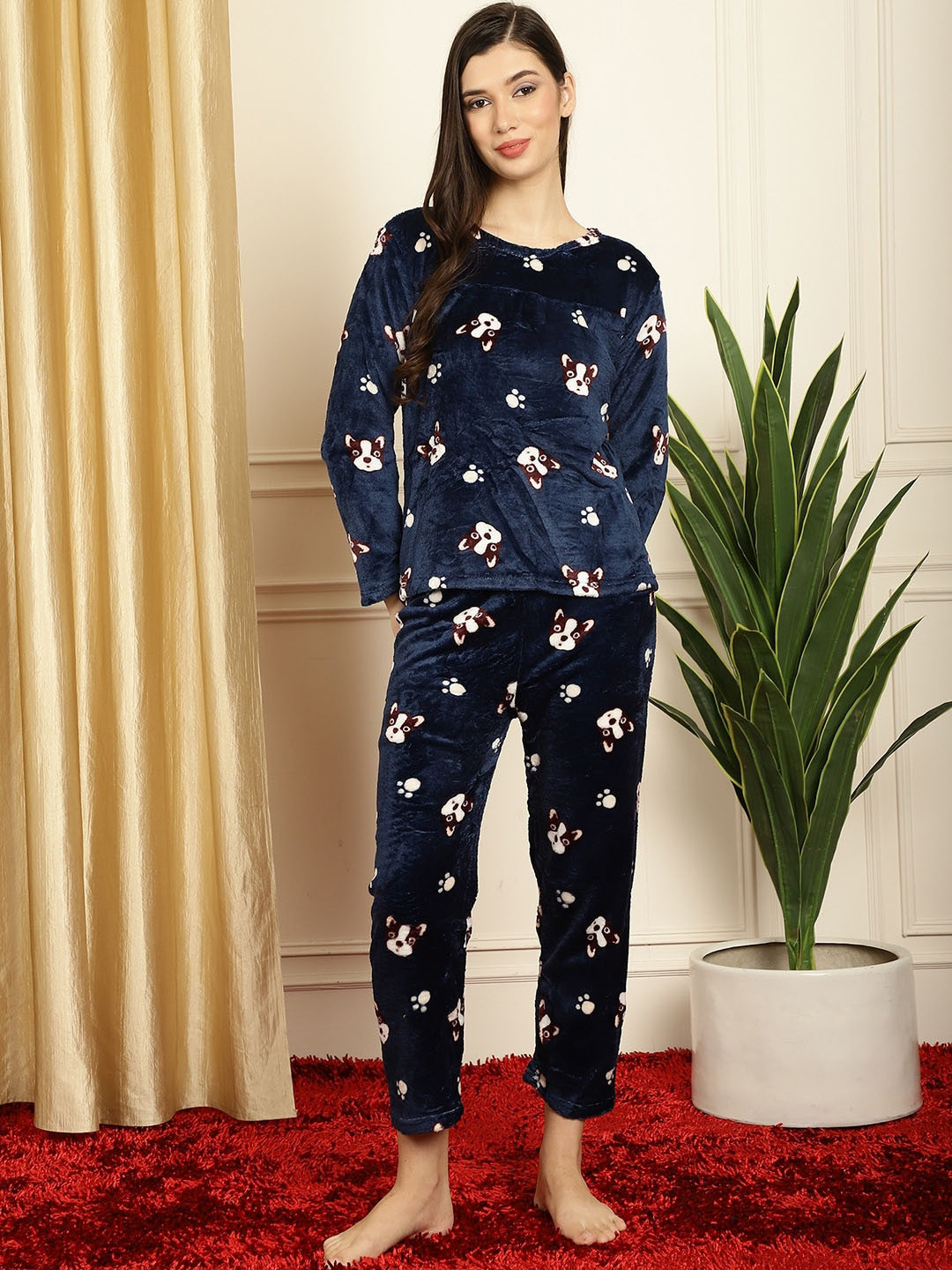 

TAG 7 Conversational Printed Woollen Fur Night Suit, Navy blue