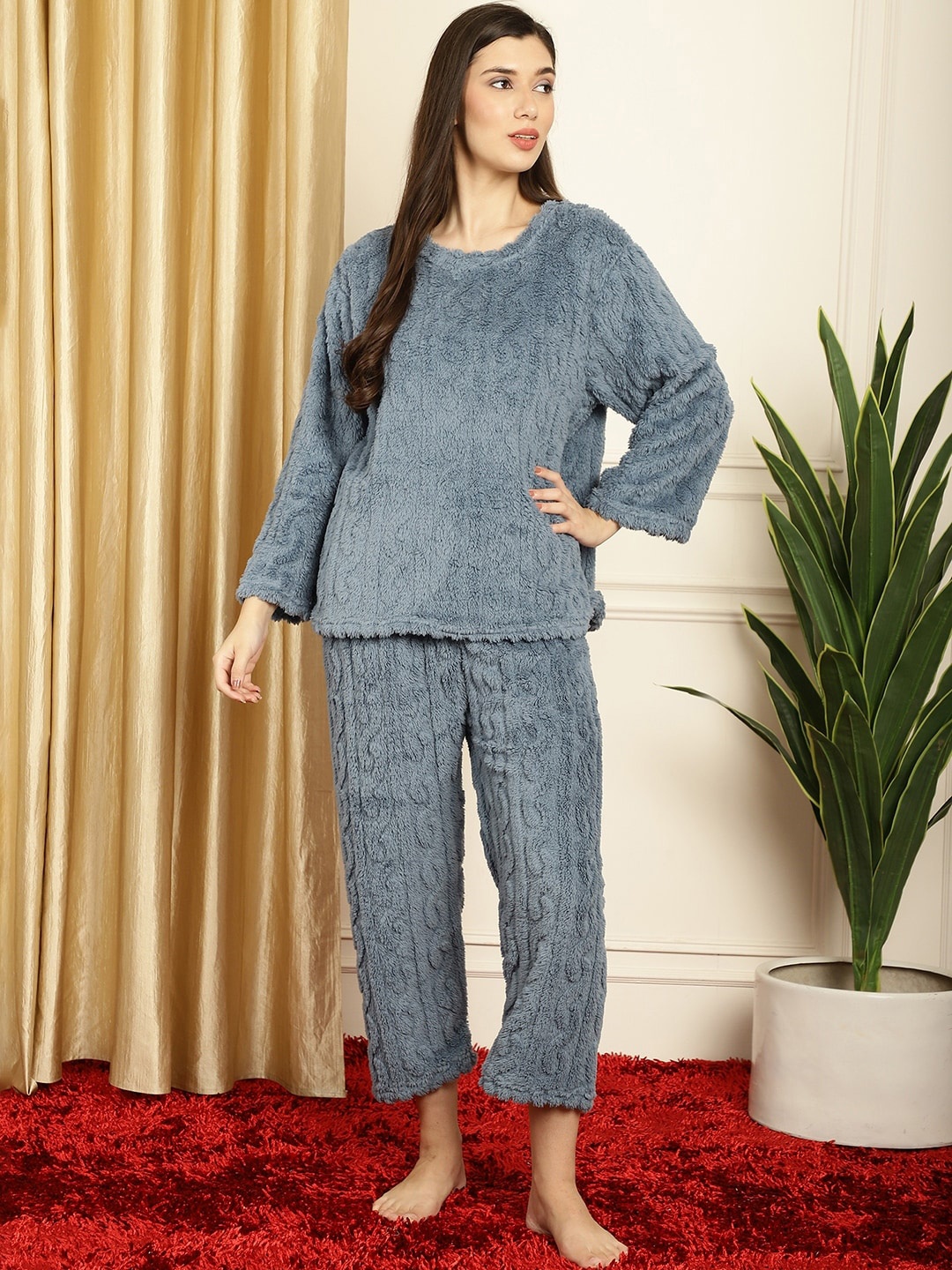 

TAG 7 Self Design Wool Fur Night Suit, Blue